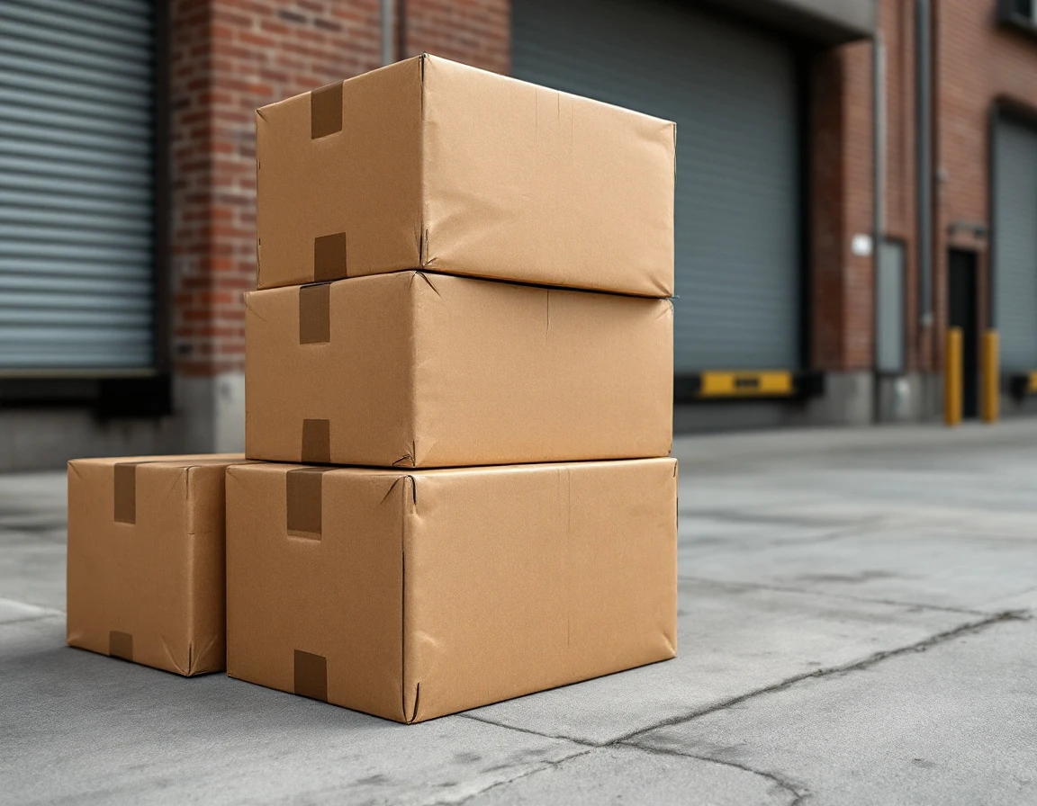 Stacked cardboard shipping boxes on loading dock showing wear from multiple handling charges