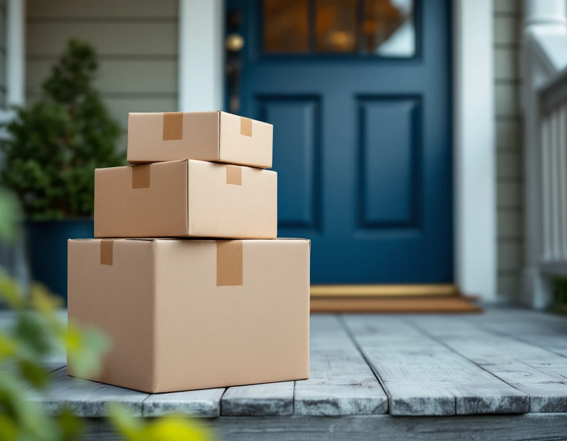 Multiple stacked shipping packages on residential doorstep showing layered delivery scenario