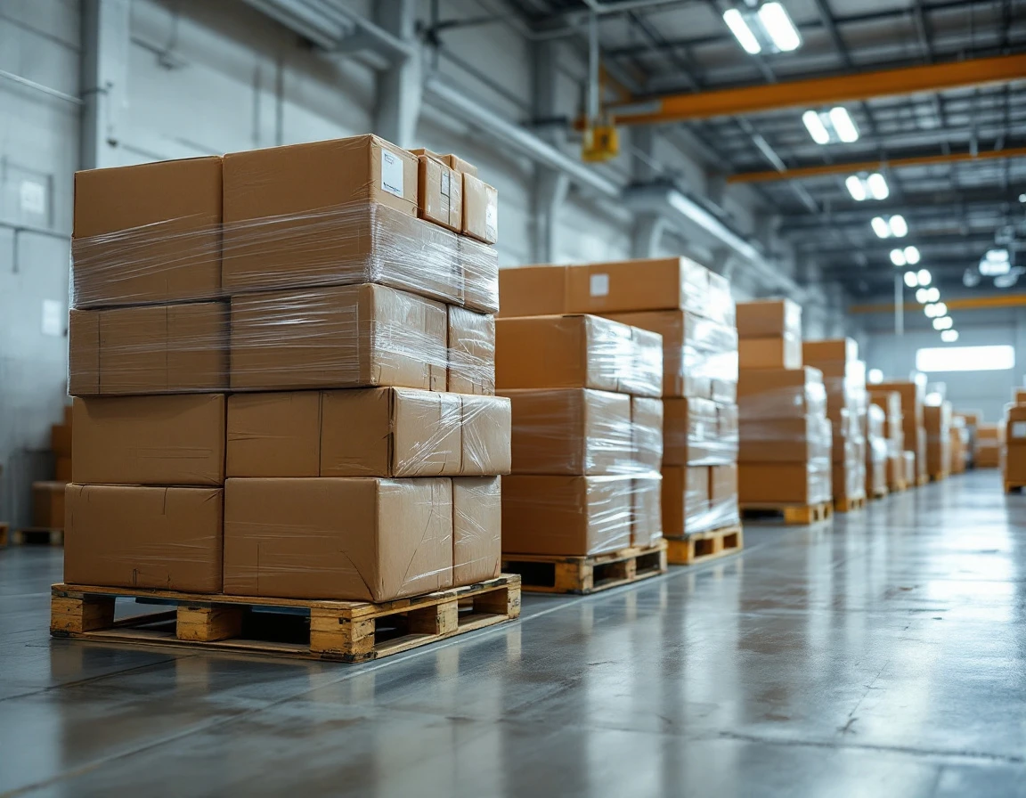 Consolidated freight pallets with mixed parcel shipments stacked in warehouse staging area