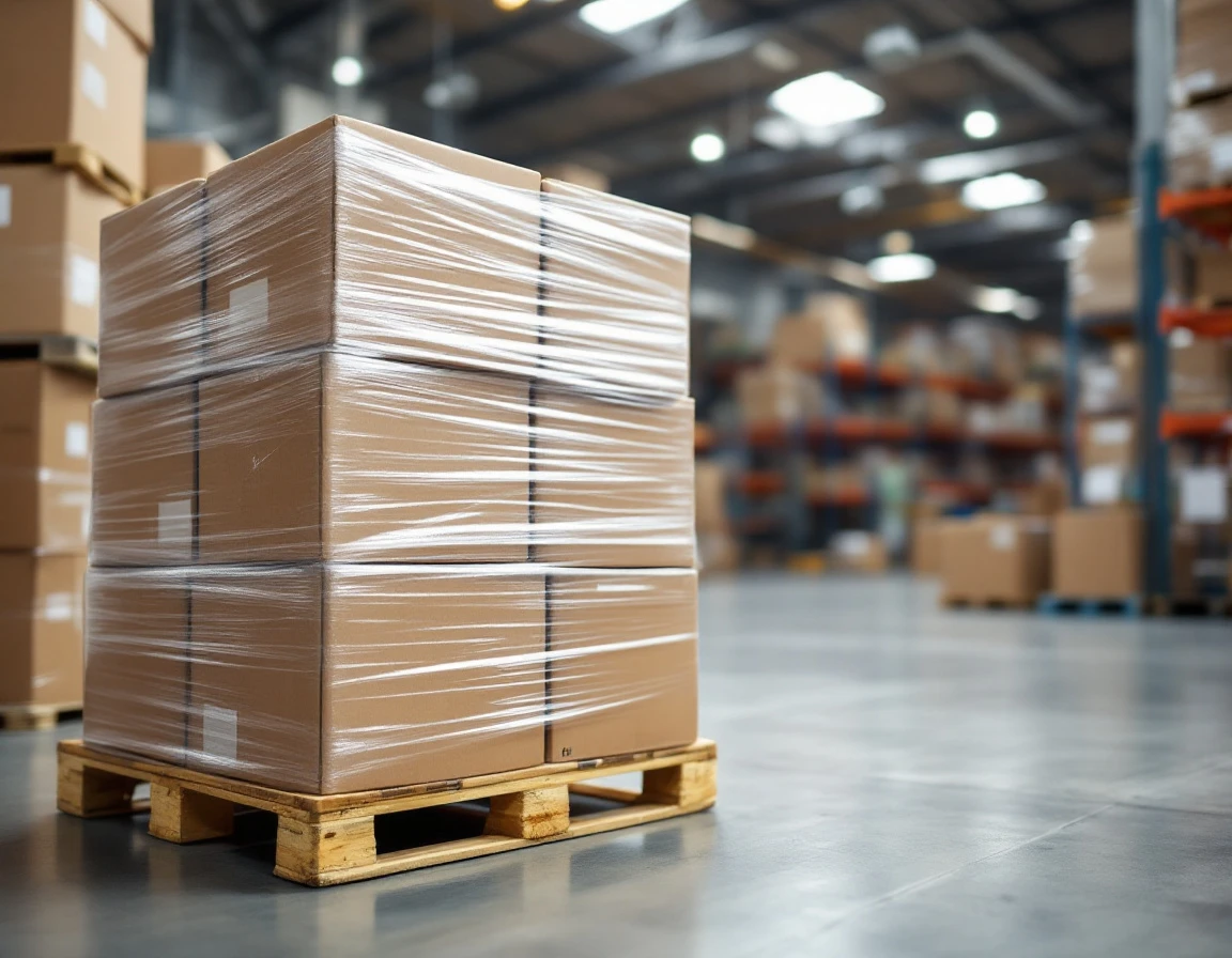 Stacked cardboard boxes wrapped on warehouse pallet showing transition from parcel to freight consolidation