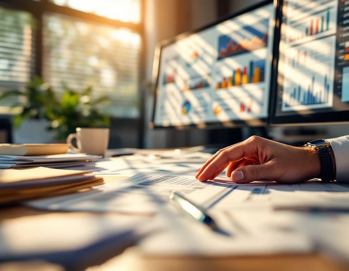 Logistics office desk with shipping documents and blurred cost analysis charts during peak season planning