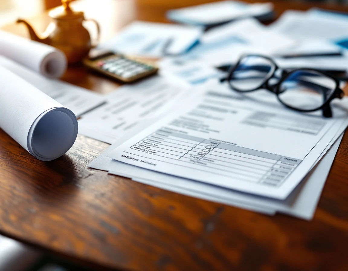 Desk with calculator, blank invoices, and analysis tools for reviewing carrier surcharge schedules