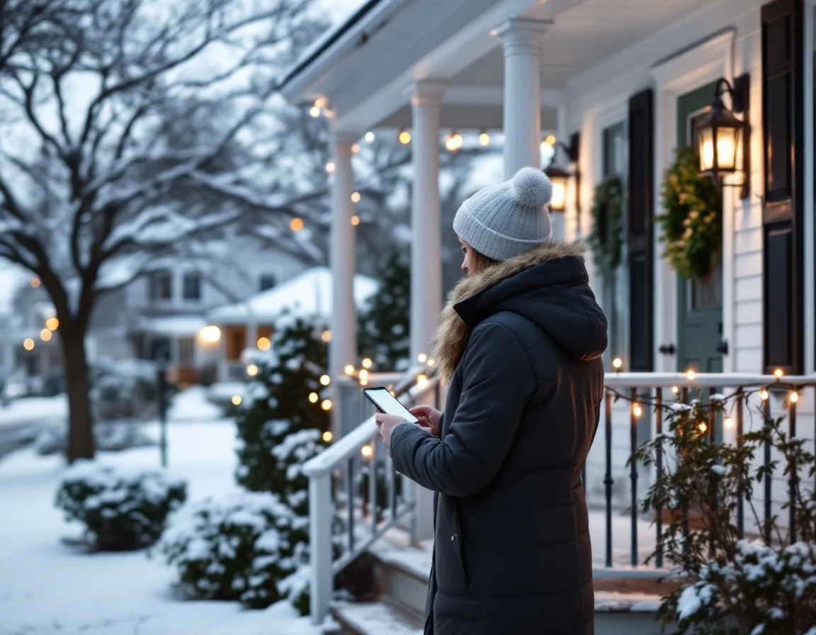 Homeowner checking smartphone on winter porch while reviewing holiday delivery information