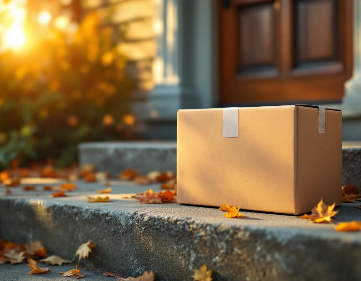 Unmarked cardboard delivery package on residential doorstep with autumn leaves during holiday season