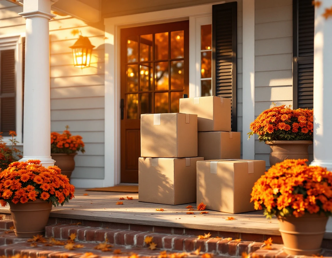 Cardboard delivery boxes stacked on residential porch during autumn holiday shipping season