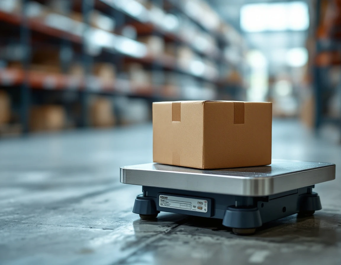 Precision scale with small cardboard package on warehouse workbench emphasizing dimensional weight considerations