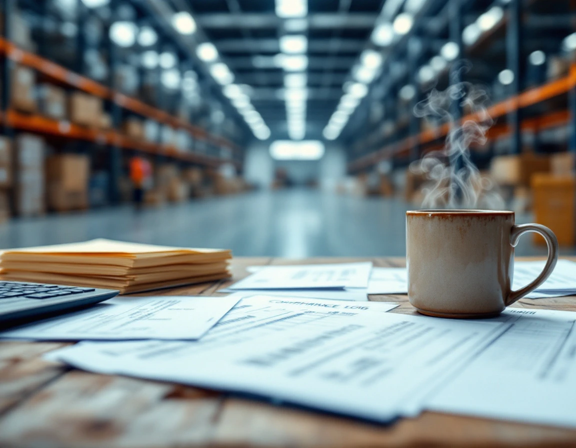 Warehouse desk with audit documents and compliance logs beside a steaming mug under natural skylight