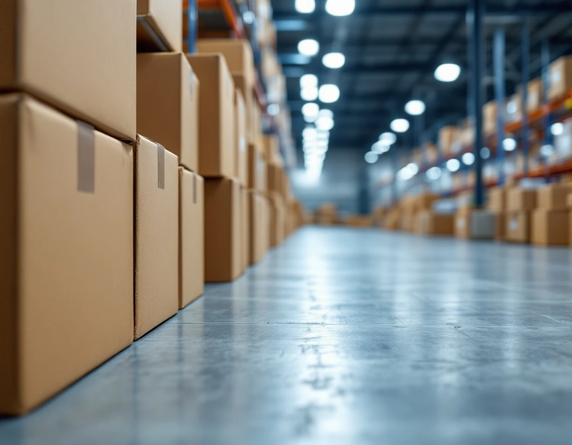 Stacked shipping boxes in warehouse with blurred surface details showing organized inventory system
