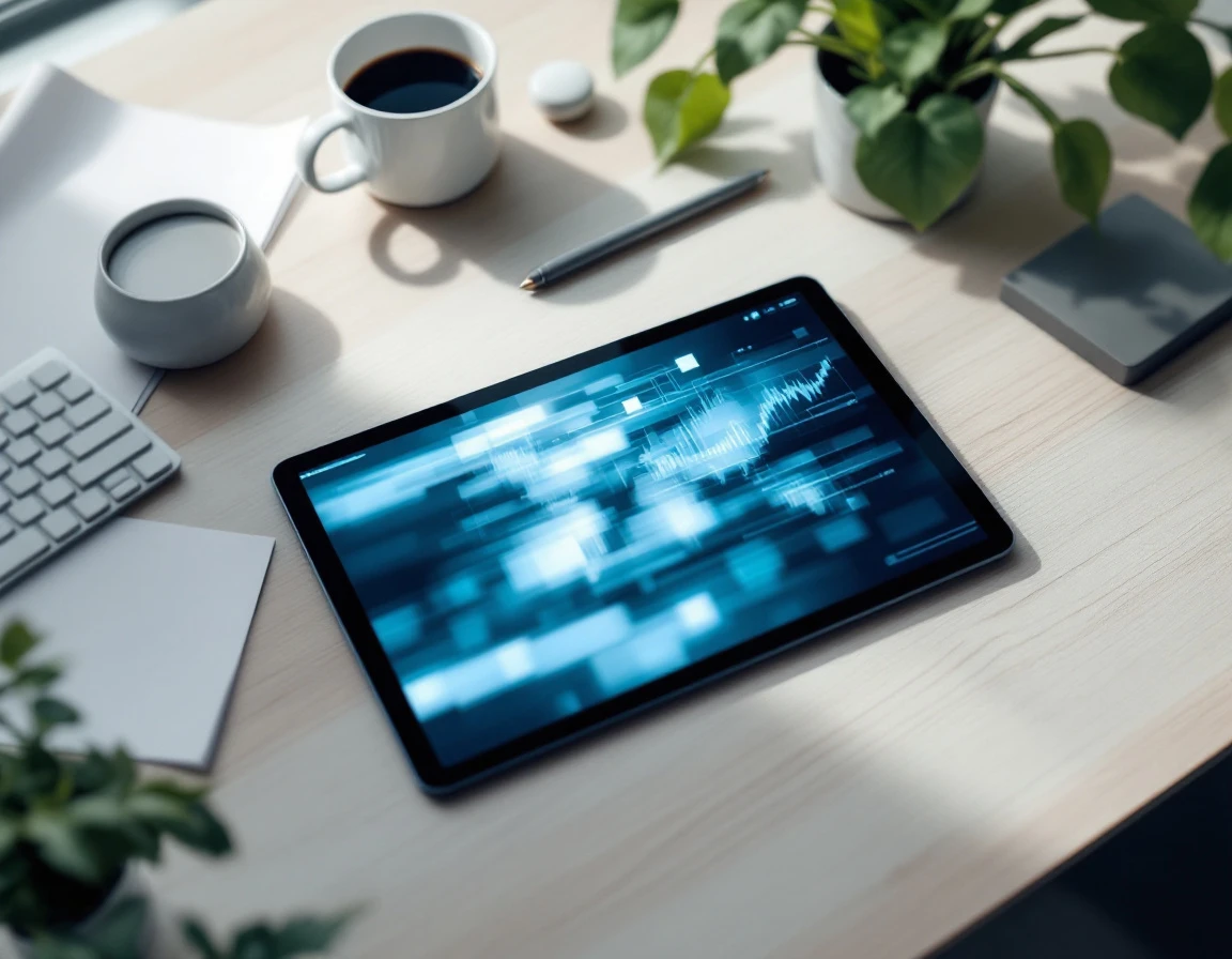 Business workspace with tablet showing abstract data analytics on wooden desk with minimal office supplies