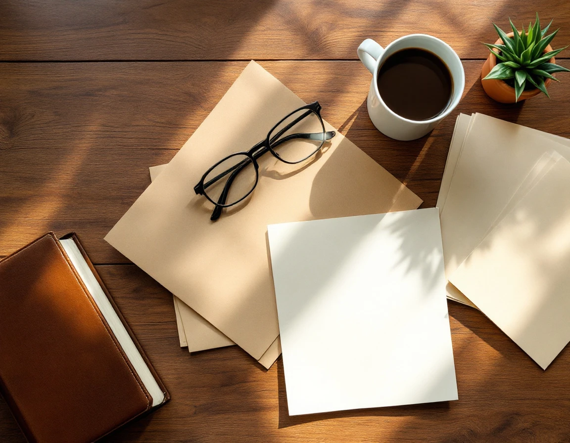 Overhead view of wooden desk with calculator, blank papers, and coffee mug in natural window light