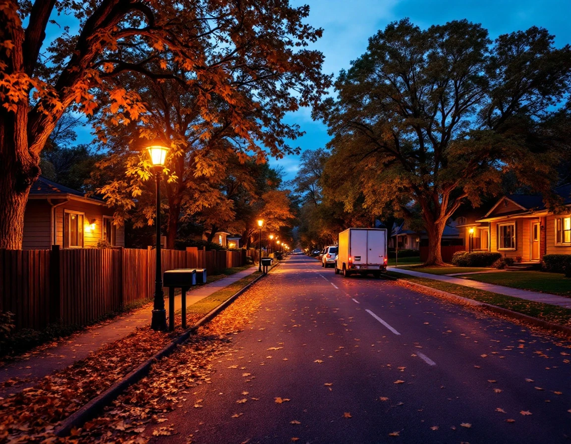Suburban residential street at twilight with mailboxes and parked delivery vehicles during holiday shipping season