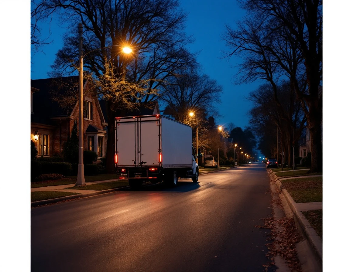 Delivery truck on suburban residential street at dusk during extended holiday delivery route