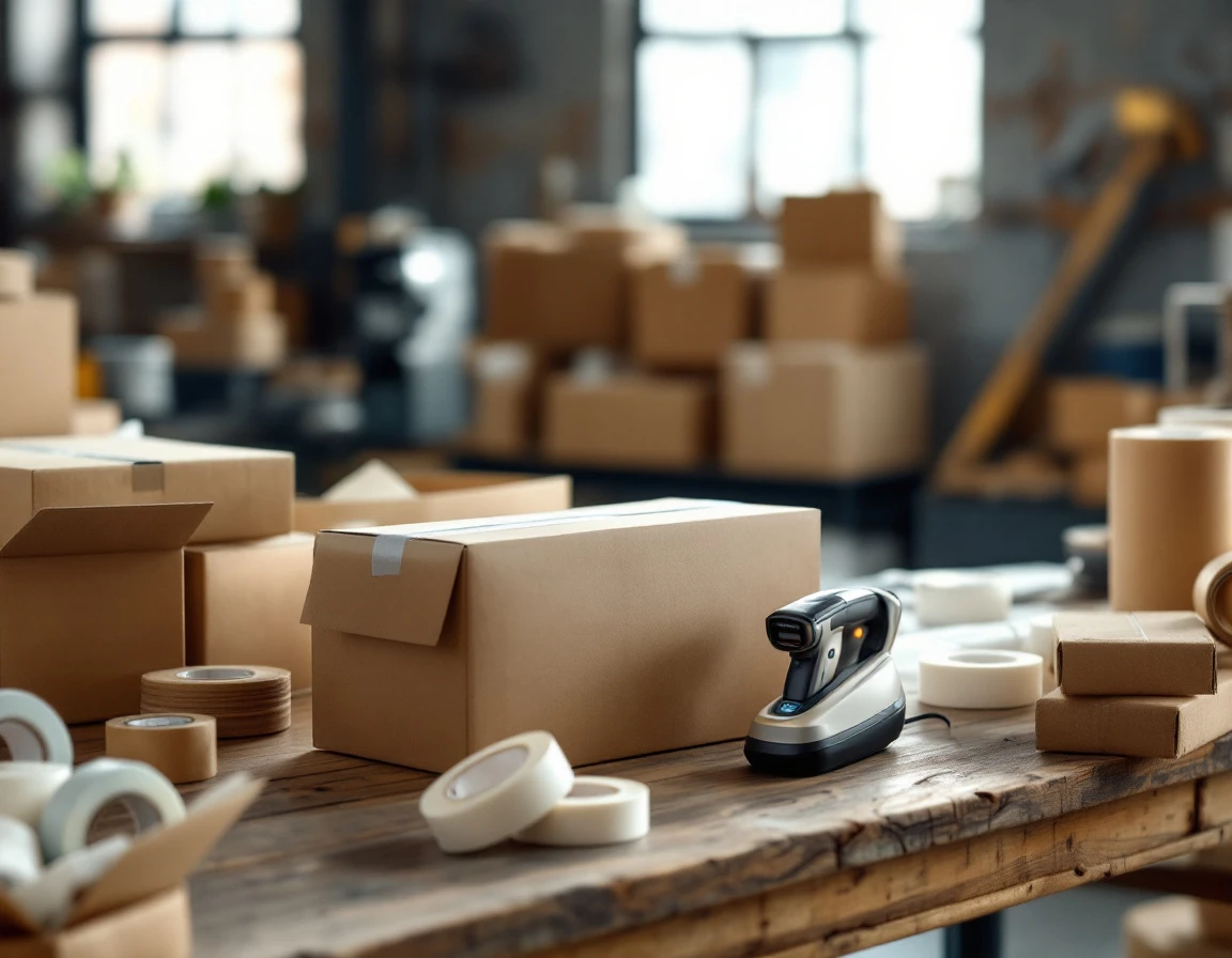 Warehouse packing station with shipping box, barcode scanner, and fulfillment materials