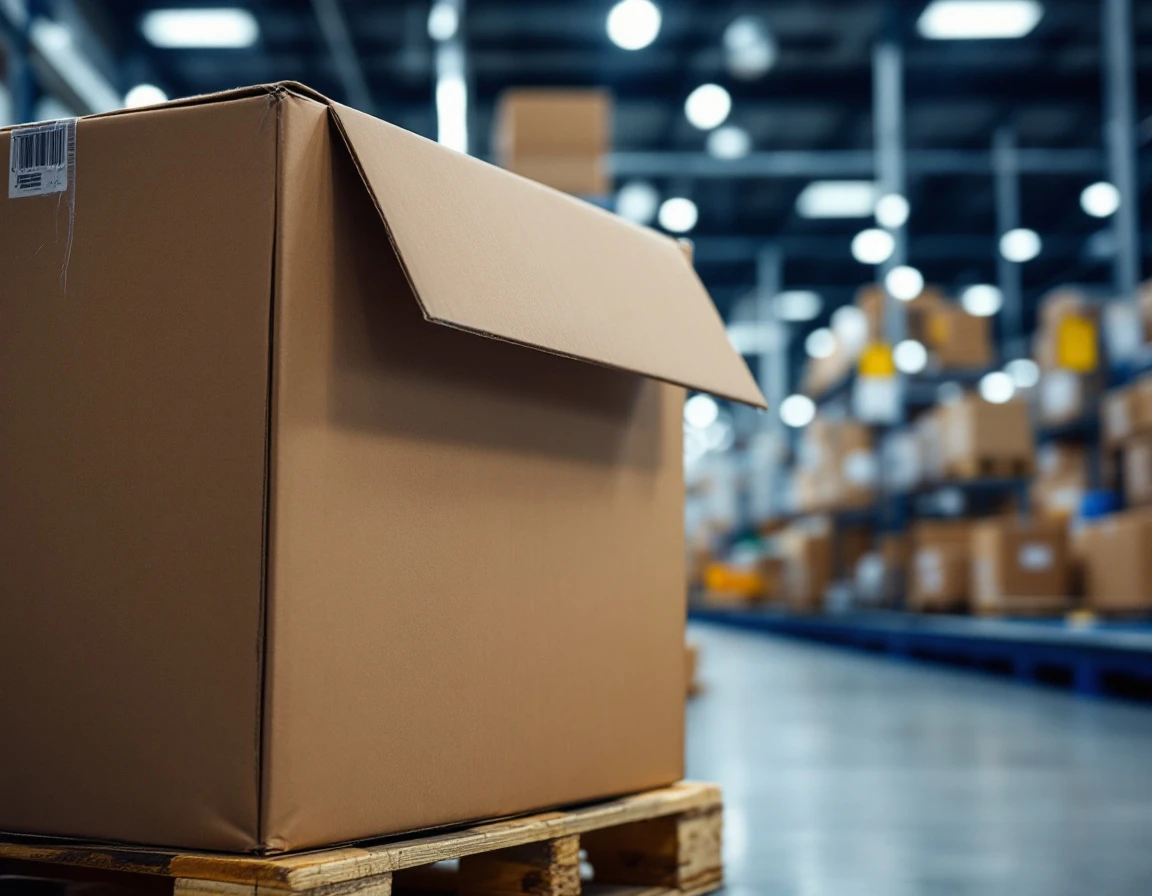 Unmarked cardboard boxes on pallets in fulfillment center warehouse with industrial lighting