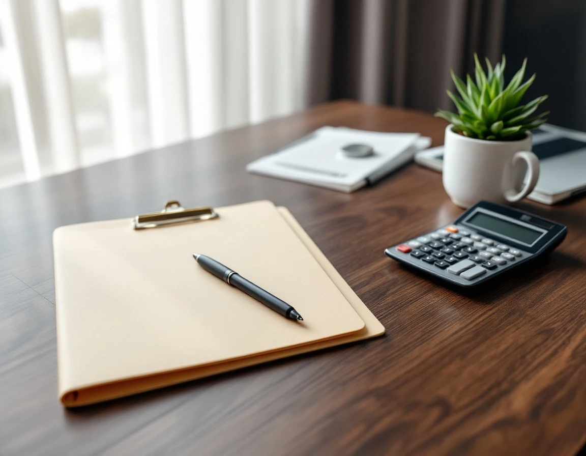 Organized desk with folder, calculator, and coffee suggesting methodical billing dispute documentation