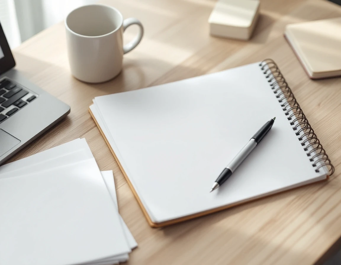 Clean desk workspace with coffee, blank notebook, and unmarked documents ready for dispute documentation process