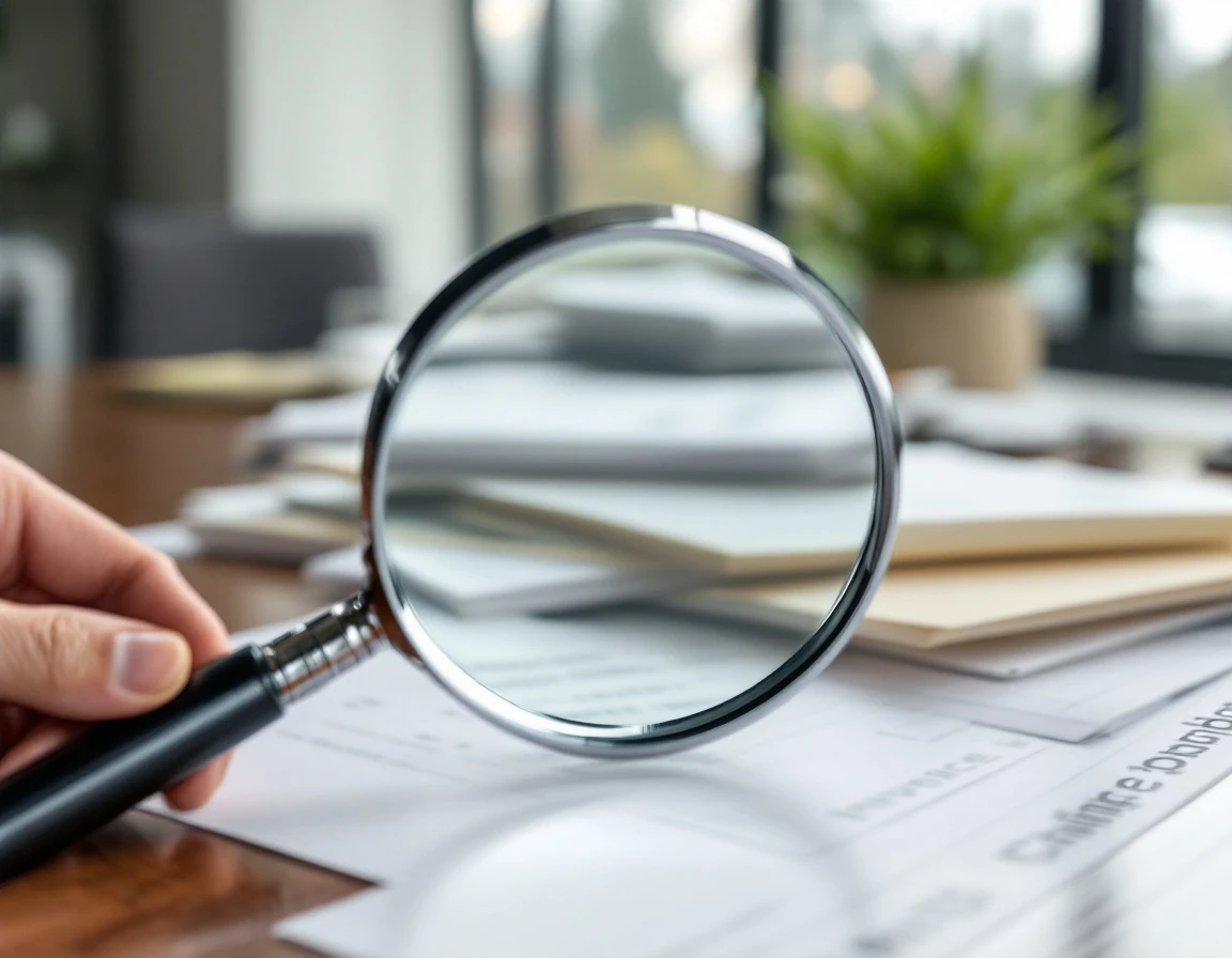 Magnifying glass examining blurred shipping invoices on office desk with no legible text visible