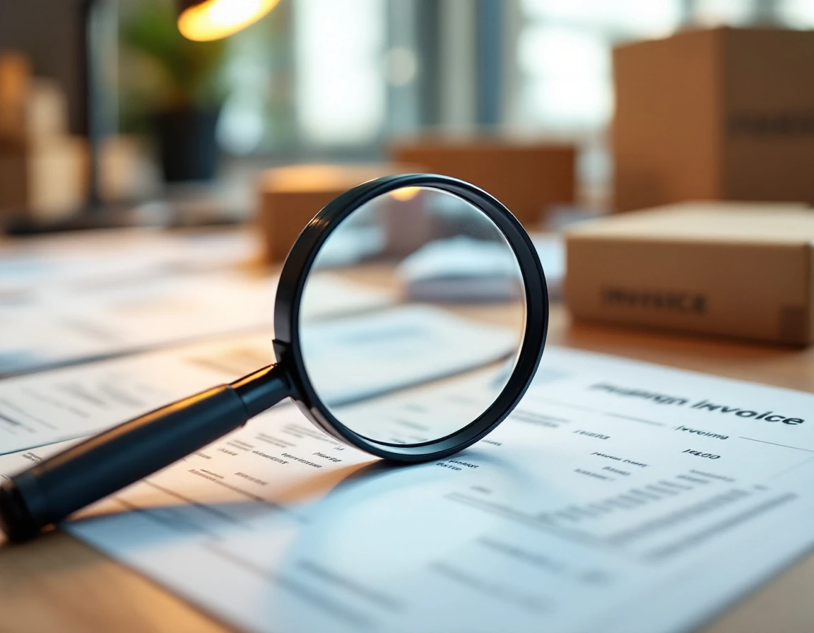 Magnifying glass examining blurred shipping documents on desk with logistics materials in background