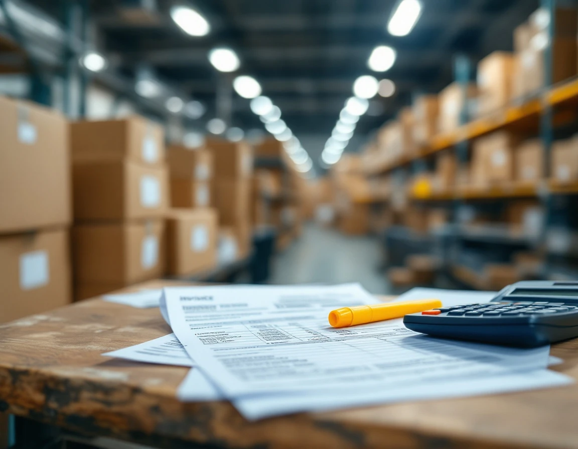 Blurred shipping invoice and calculator on warehouse desk with cardboard boxes in background