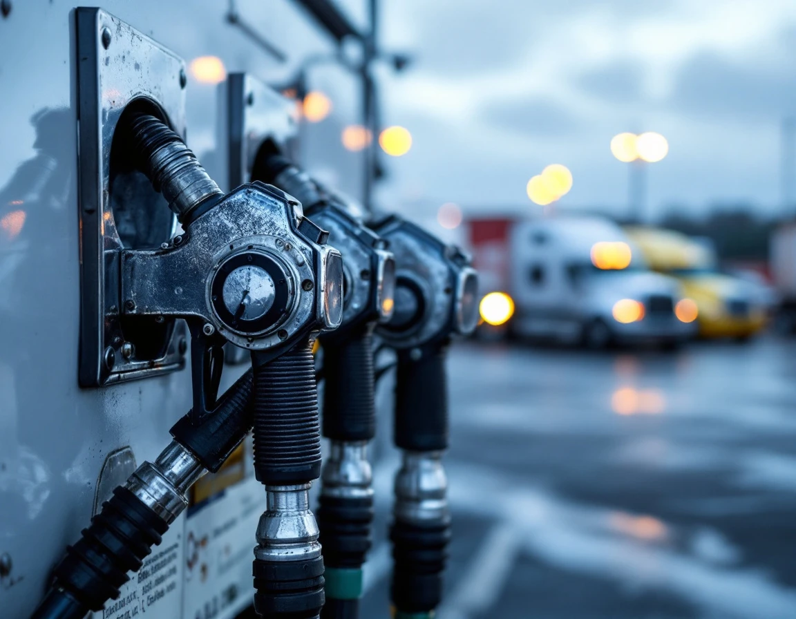 Diesel fuel pump nozzles at commercial truck stop showing industrial refueling infrastructure