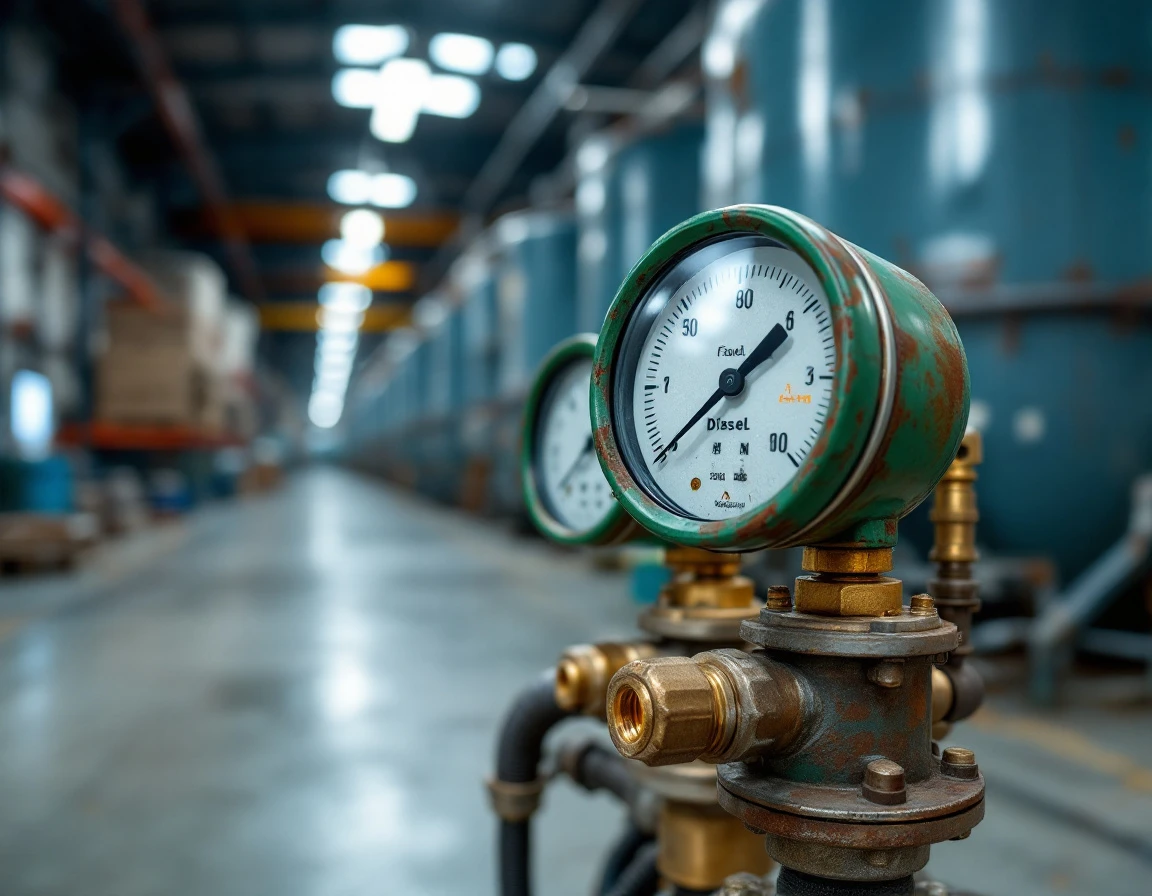 Weathered pressure gauges and diesel fuel monitoring equipment in industrial warehouse setting