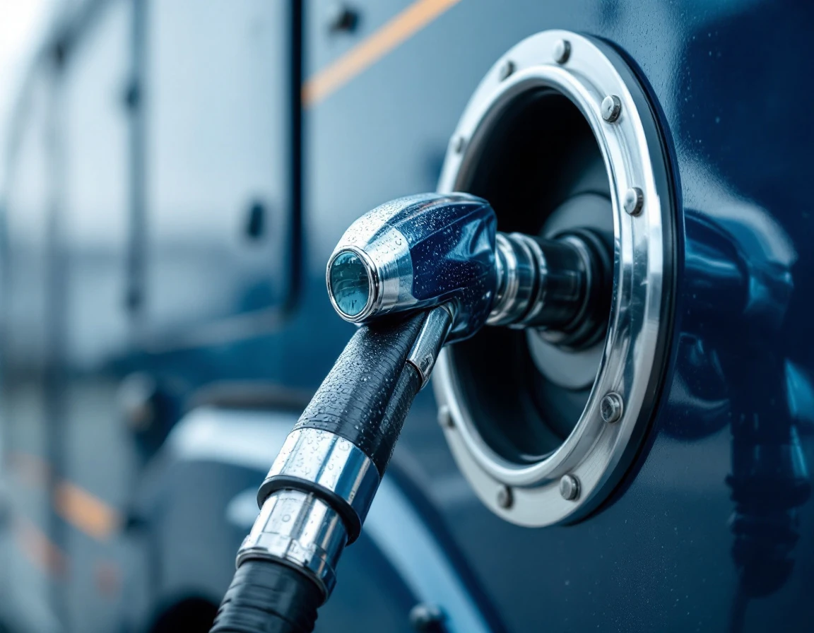Diesel fuel nozzle inserted into commercial truck tank showing industrial fueling equipment and hardware