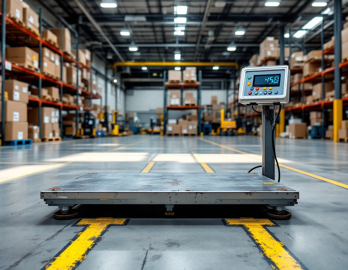 Industrial warehouse scale with shipping boxes on metal shelving in background under natural skylight illumination