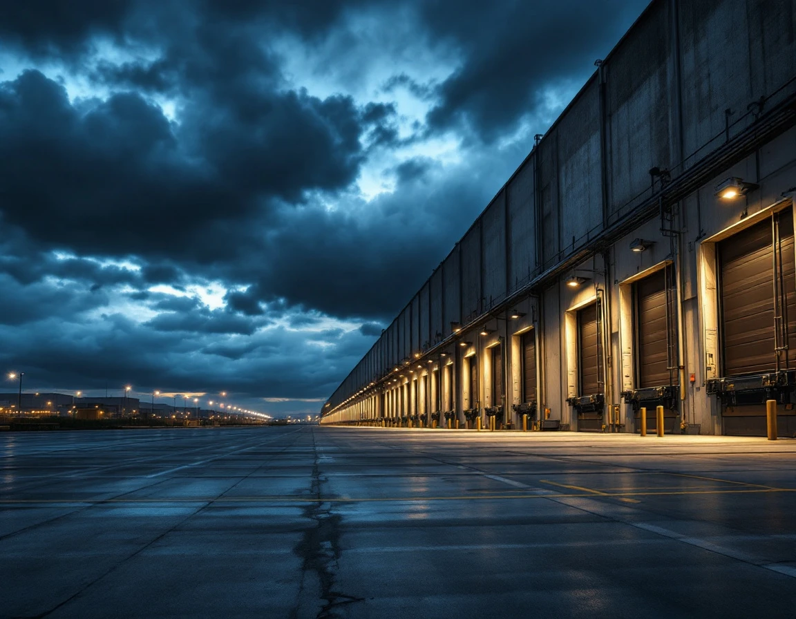 Industrial shipping warehouse loading dock under stormy skies showing empty bays during operational disruption