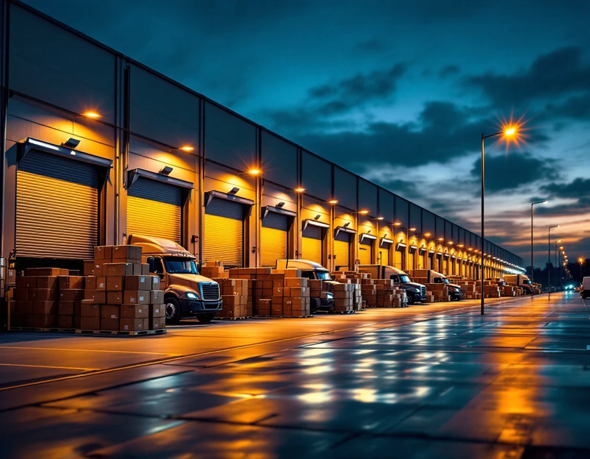 Distribution center loading dock with packages staged for carrier pickup during evening operations