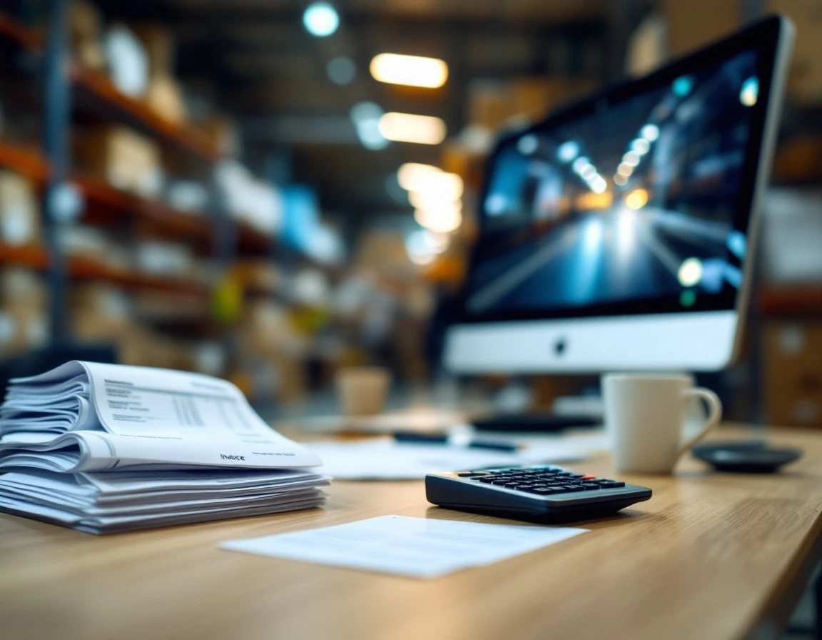 Warehouse desk with stacked shipping invoices, calculator, and blurred monitor for logistics cost auditing