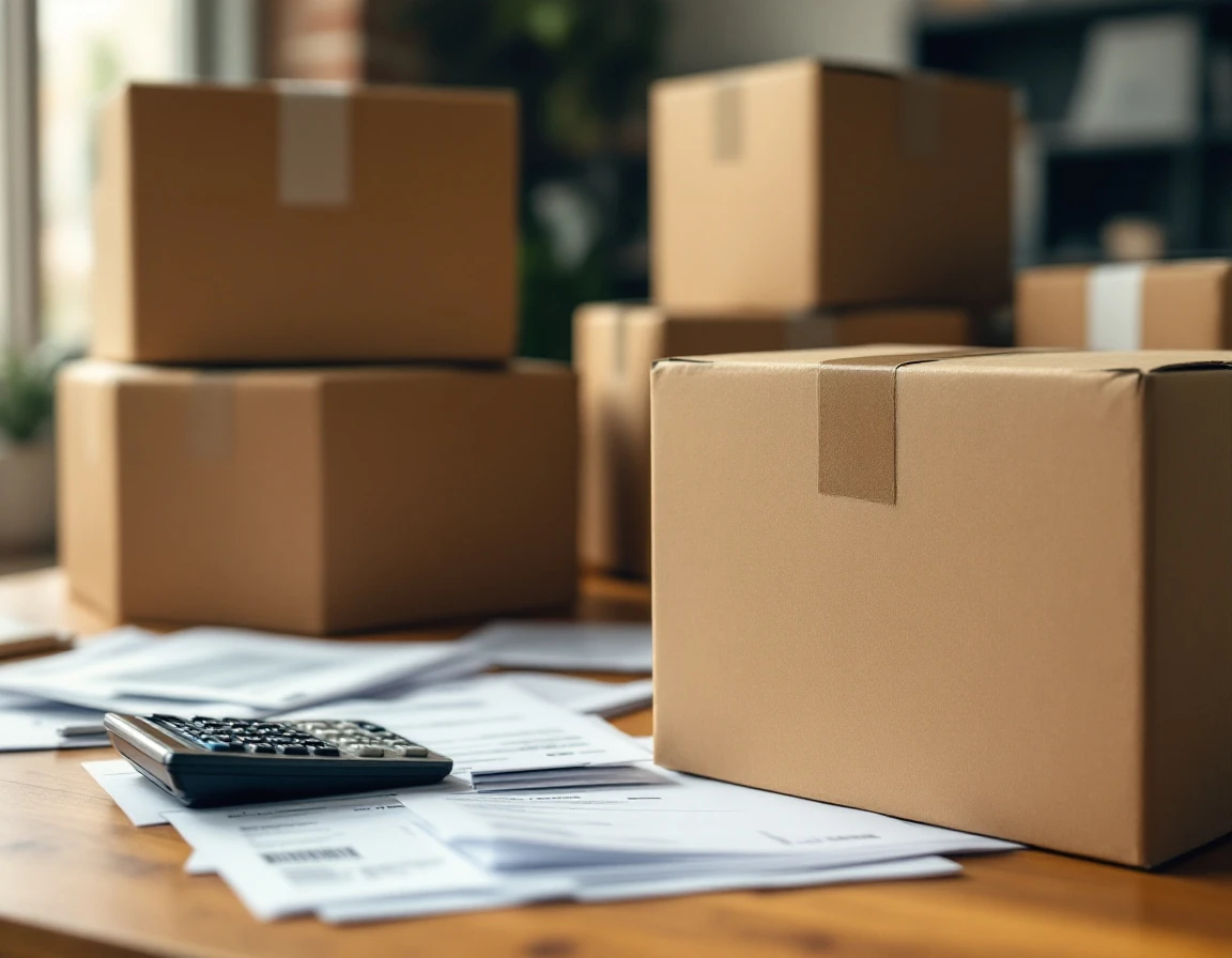 Cardboard shipping boxes and blurred invoice paperwork on logistics office desk with calculator