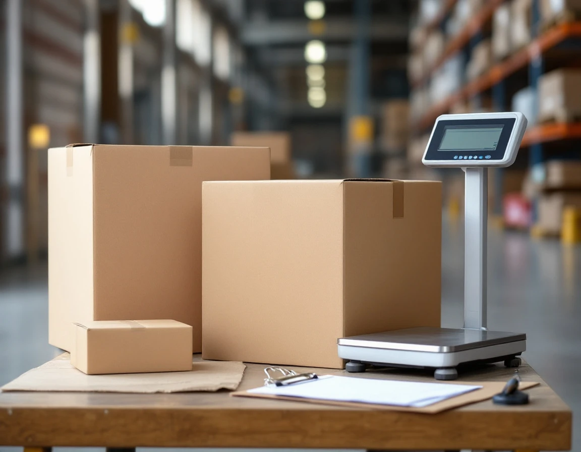 Shipping scale with blank cardboard boxes in warehouse setting showing different package sizes
