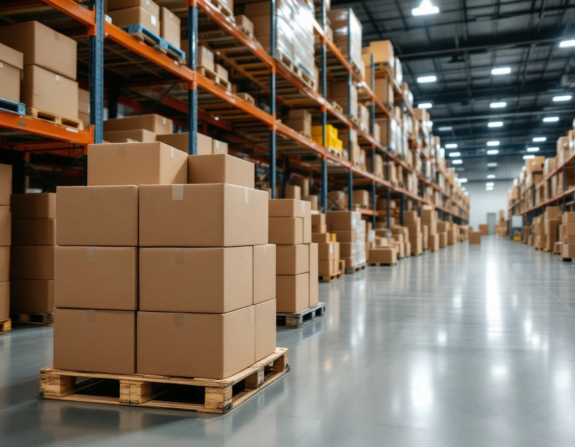 Organized warehouse storage with stacked cardboard shipping boxes on industrial pallet racks