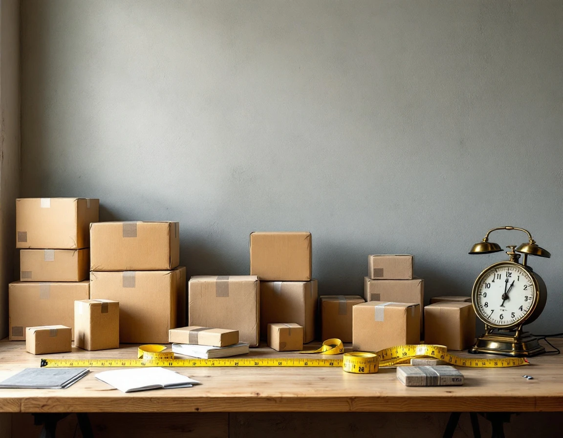 Shipping packages organized by weight bands on warehouse work surface with measuring tools