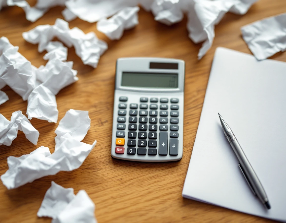 Calculator and crumpled receipts on wooden desk during financial review process