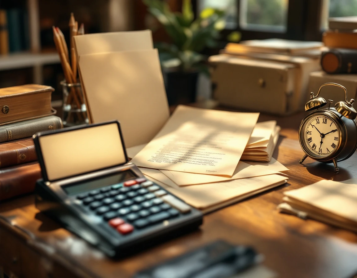 Vintage calculator and financial ledgers on wooden desk during refund processing season