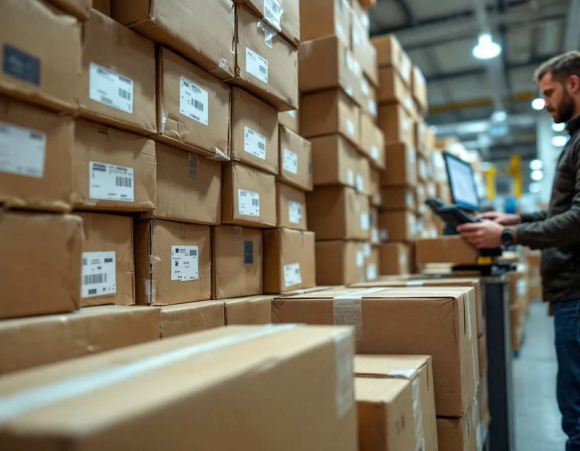 Warehouse worker scanning packages at quality control audit checkpoint during peak shipping season