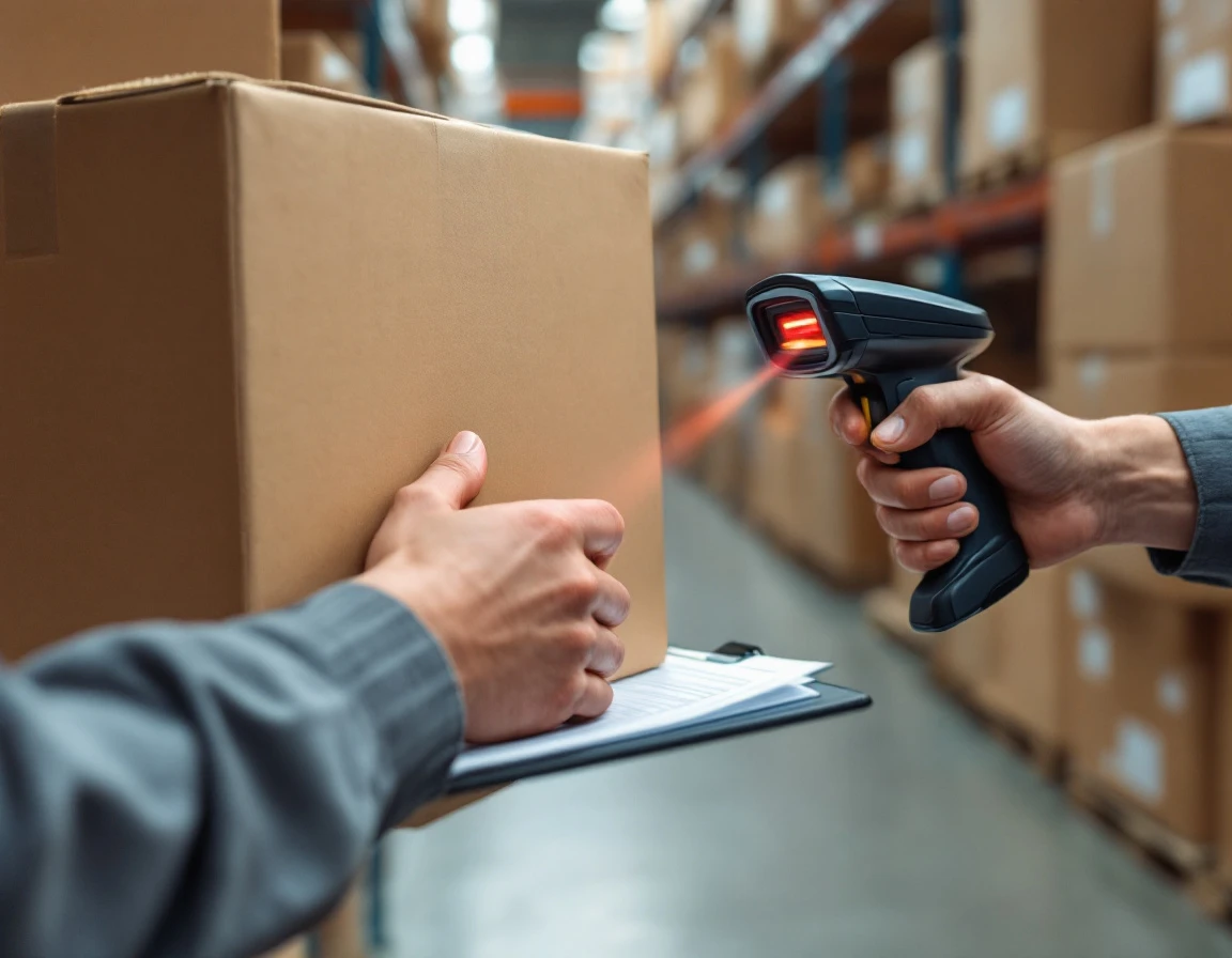 Warehouse inspector scanning parcel barcodes during high-volume shipping period with handheld verification device