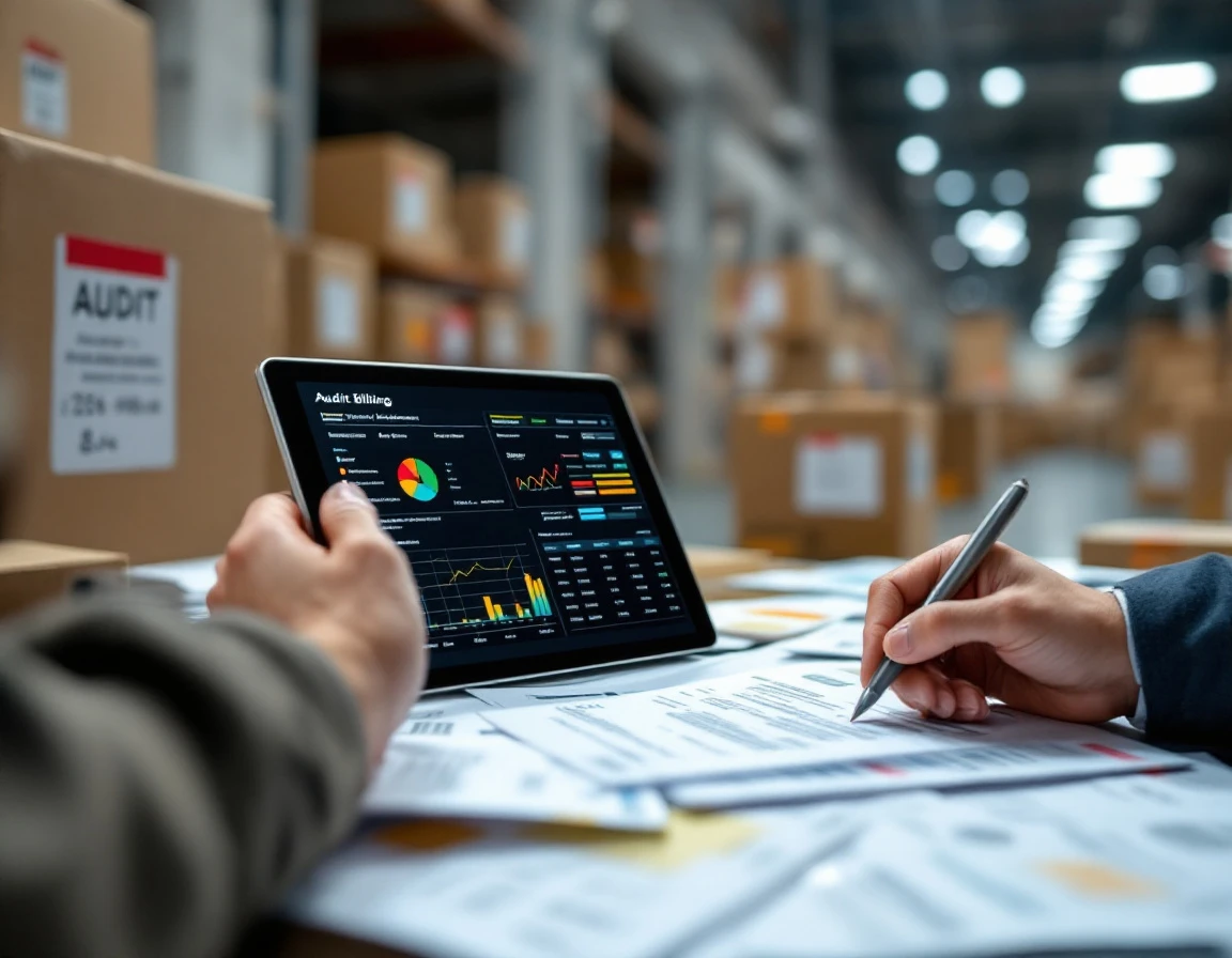 Auditor cross-checking shipping invoices against parcel billing data during warehouse peak season