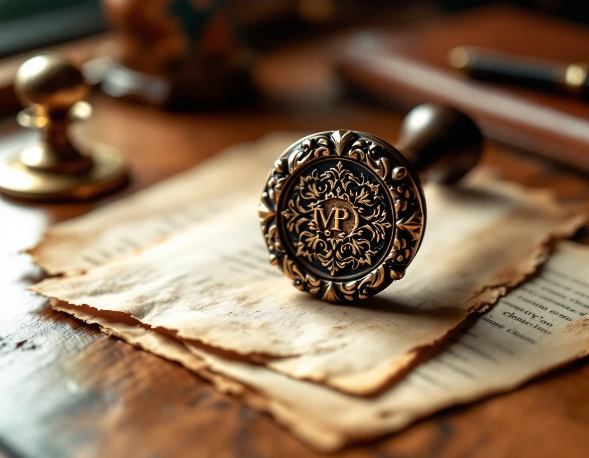 Ornate bronze stamp and aged archival documents arranged on wooden desk suggesting billing verification process