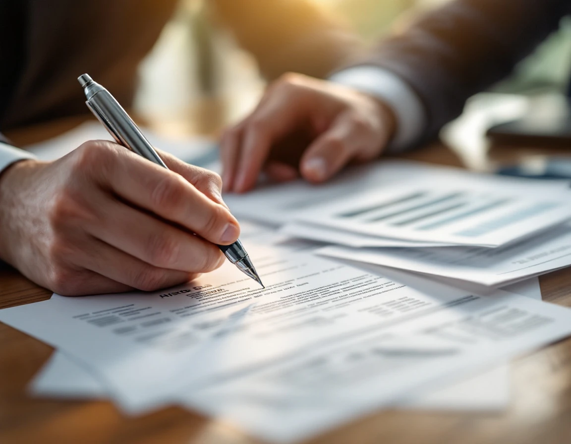 Hand with pen reviewing blurred financial billing statements on wooden desk surface