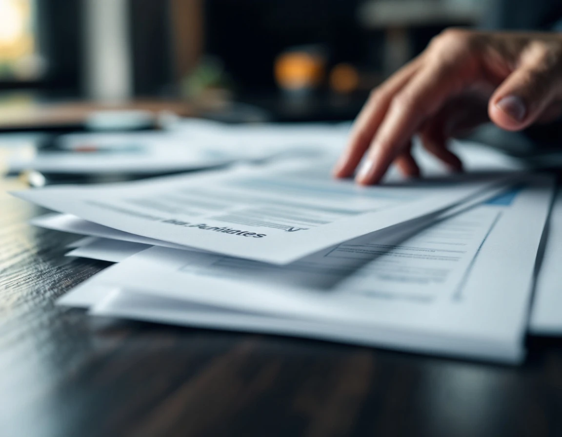 Blurred financial documents under review on office desk with hand gesturing over paperwork