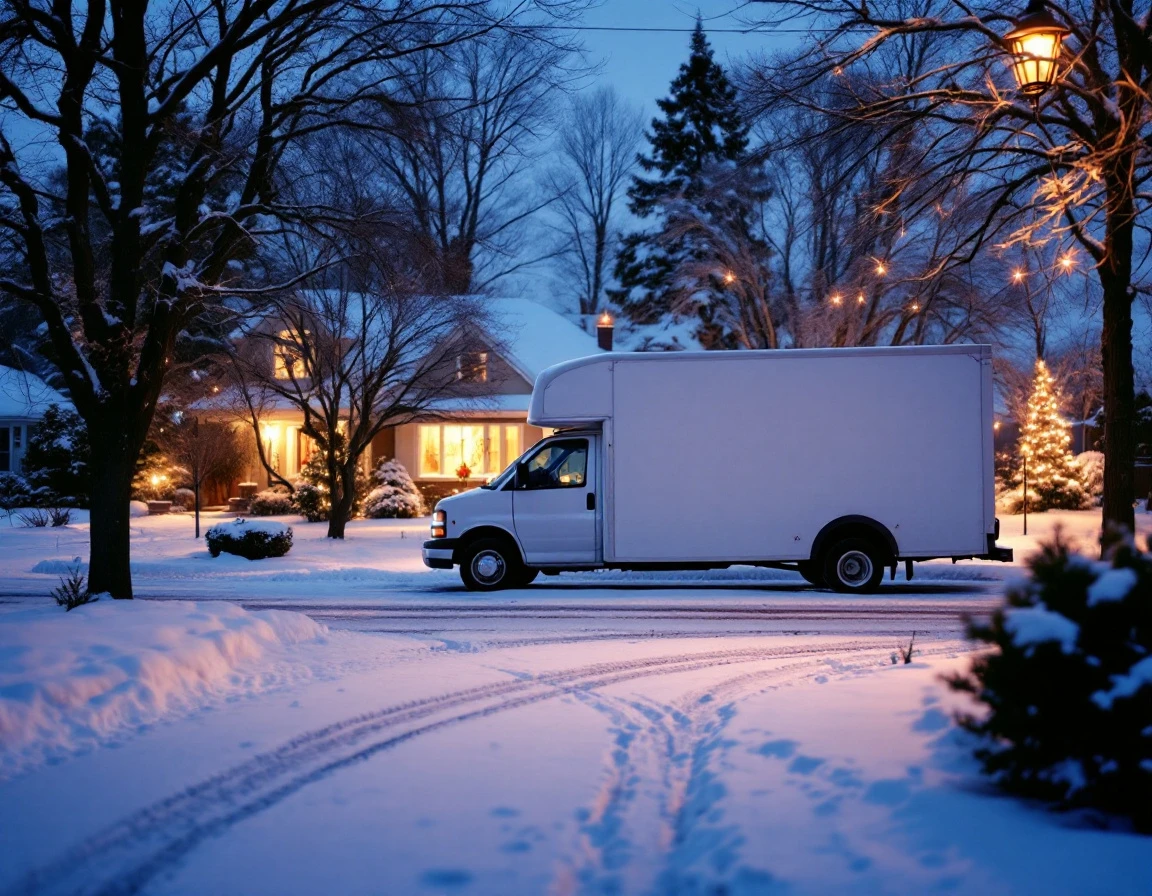Generic white delivery van parked on winter residential street during evening hours with illuminated home
