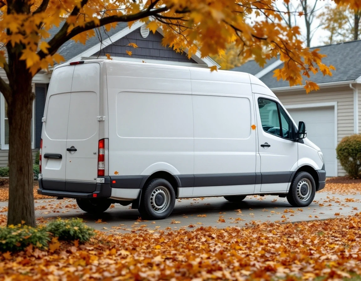 Delivery van in residential driveway during autumn peak shipping season