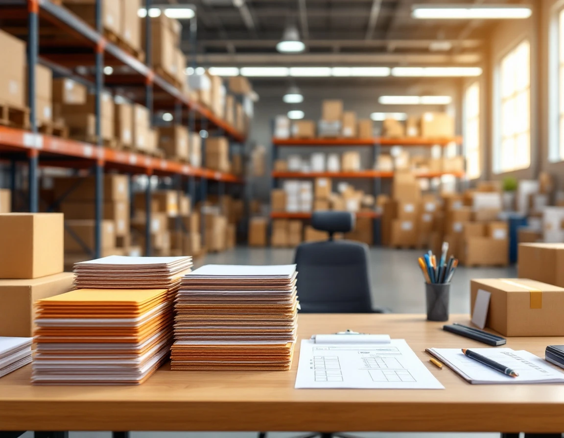 Organized warehouse office desk with stacked papers and shipping boxes during pre-peak preparation season