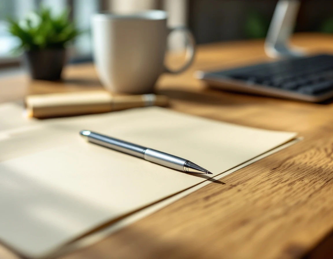 Organized workspace with pen and documents on wooden desk suggesting pre-peak audit preparation