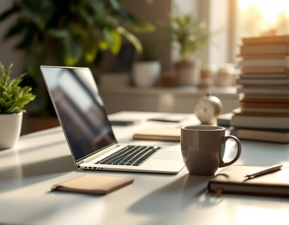 Organized office workspace with laptop and filing system in natural afternoon light