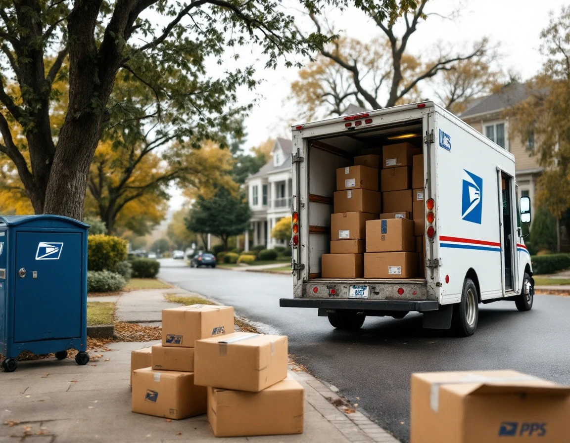 USPS delivery truck with packages on residential street during routine mail delivery operations