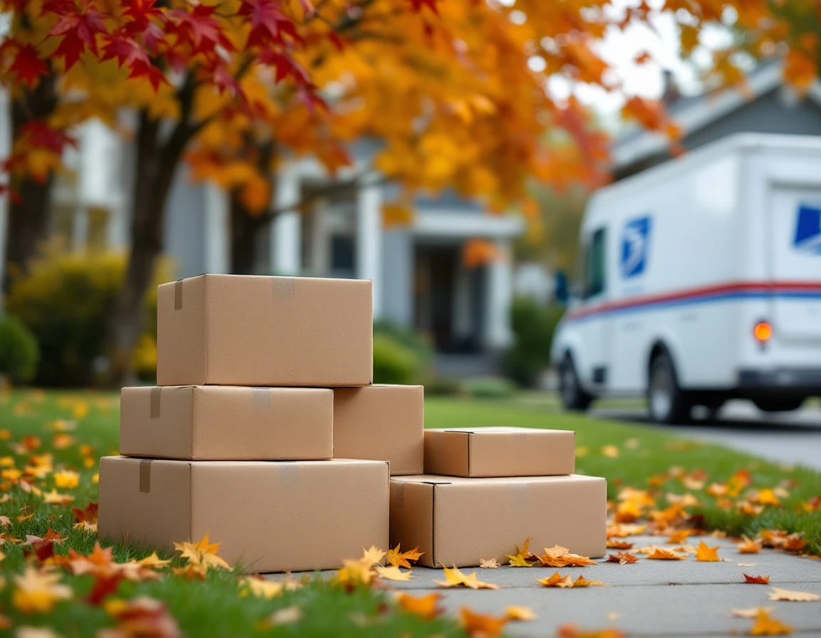 Unmarked cardboard packages stacked on residential sidewalk with USPS truck and autumn leaves