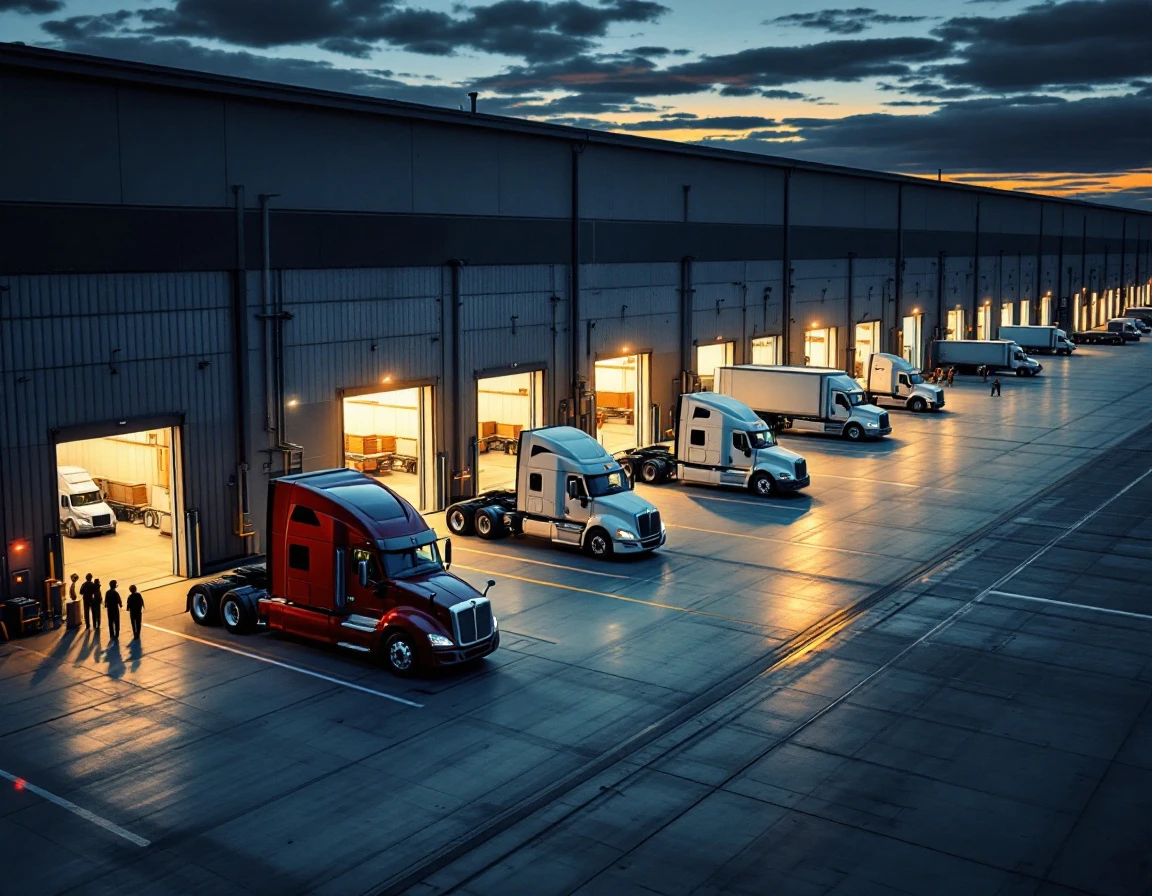 Multiple trucks at warehouse loading docks during twilight showing multi-carrier logistics operations